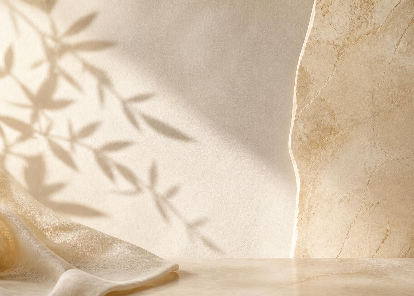 Warm ivory textured surface with soft botanical light